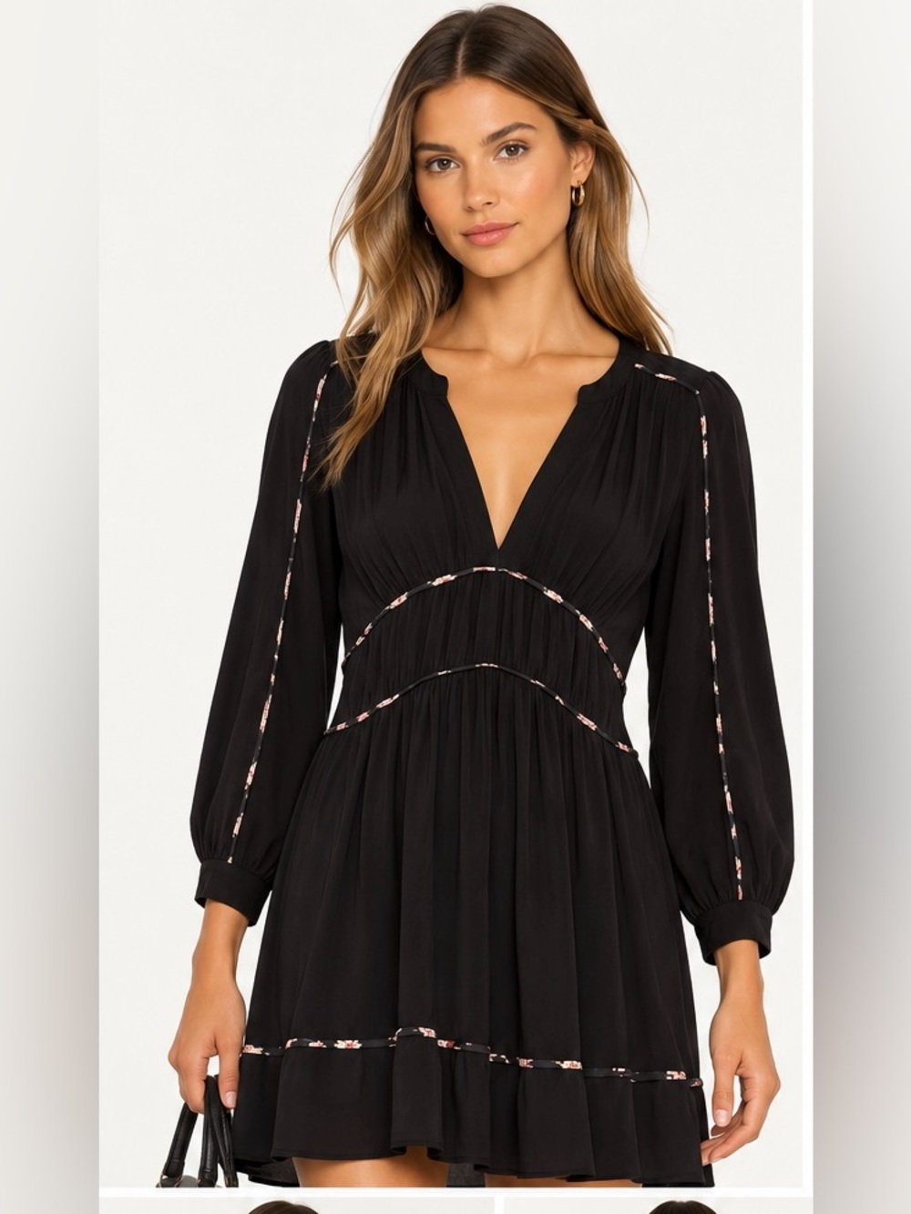 ba&sh Black V Neck Floral Trim Long Sleeve Mini Dress  M